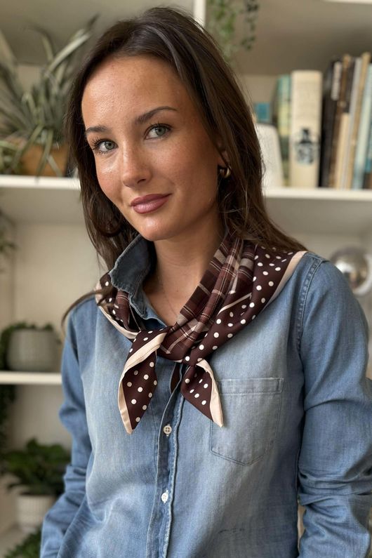 Plaid & Polka Border Triangle Silk Neckerchief Brown